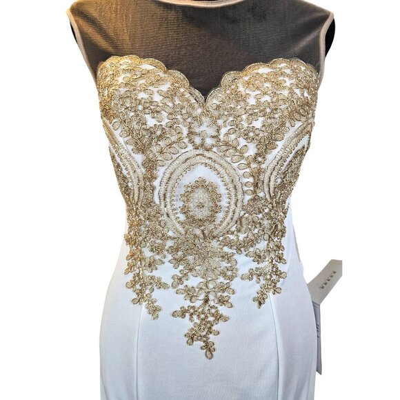 Elegant White Mermaid Gown/Dress Gold Lace Appliqué & Sheer Neckline Size M - Picture 5 of 13